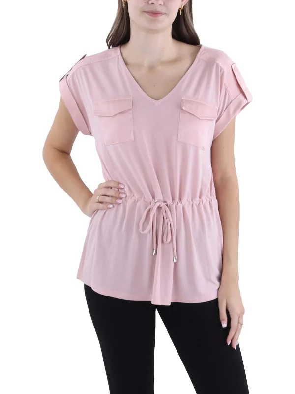 Womens Drawstring Short Sleeve Pullover Top Fine Merino Wool
