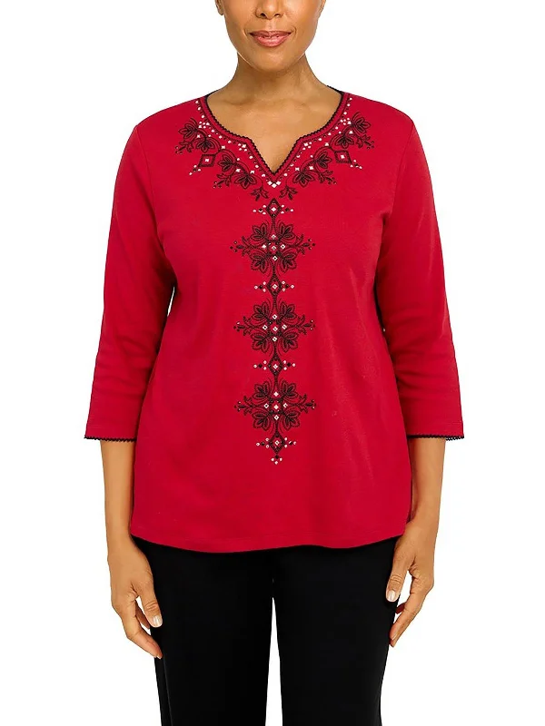Womens Embellished Split Neck Pullover Top Wrist Length Sleeve