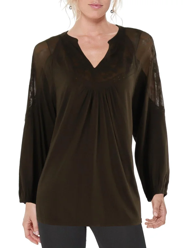 Womens Embroidered Bishop Sleeve Pullover Top Long Bell Sleeve