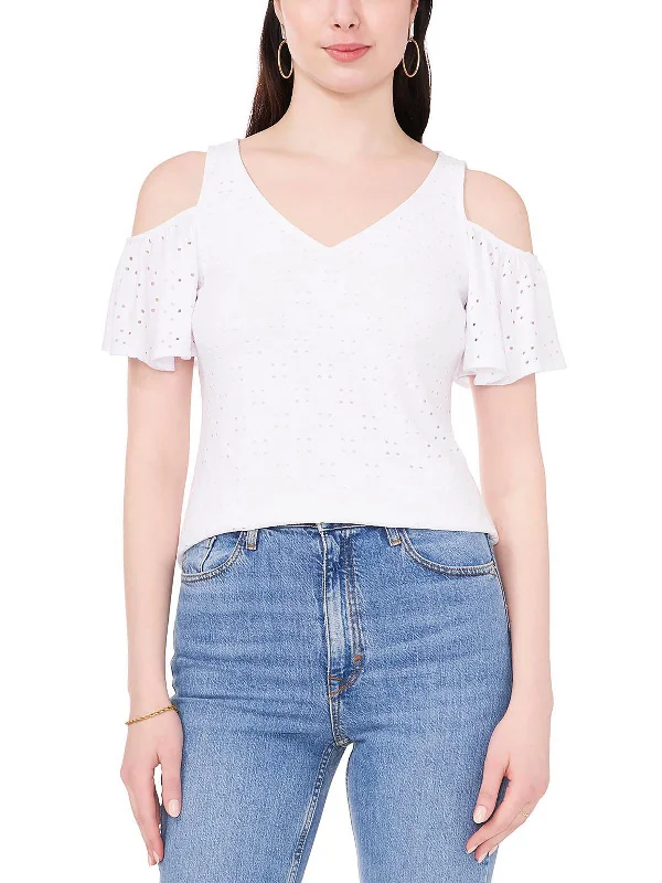 Womens Eyelet Open-Shoulder Pullover Top Fine Merino Wool