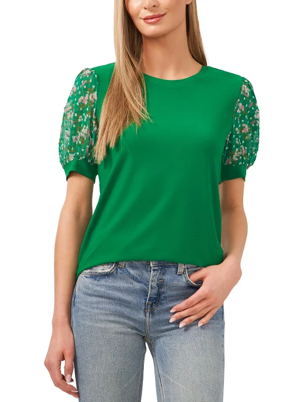 Womens Floral Print Crewneck Pullover Top Crew Neck Wool