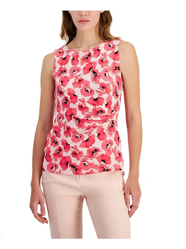 Womens Floral Print Ruched Pullover Top Tapered Sleeve Pullover