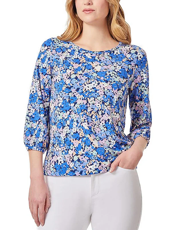 Womens Floral Print Three Quarter Sleeves Pullover Top Chenille Soft Sweater