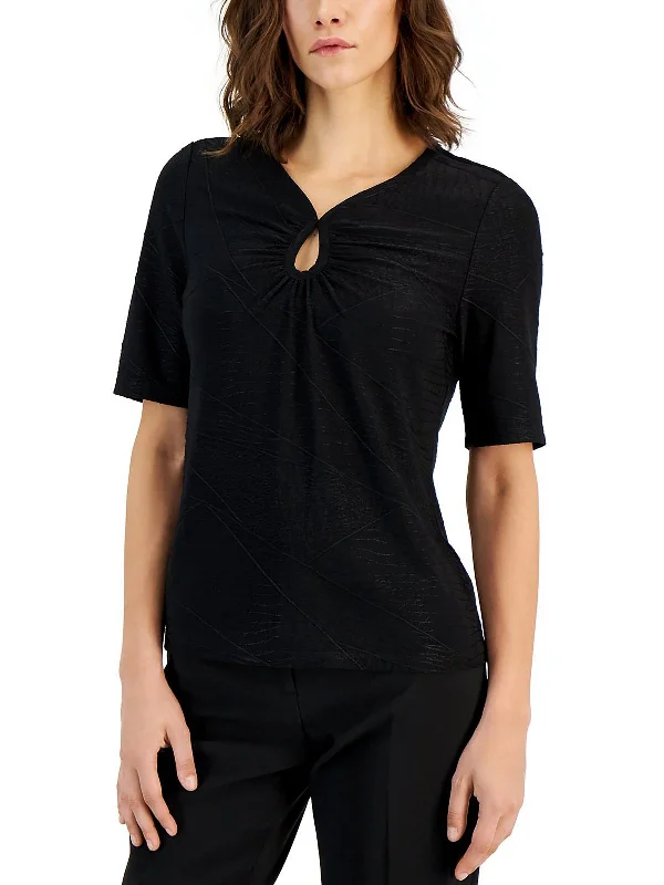 Womens Keyhole Short Sleeve Pullover Top Ribbed Crew Neck