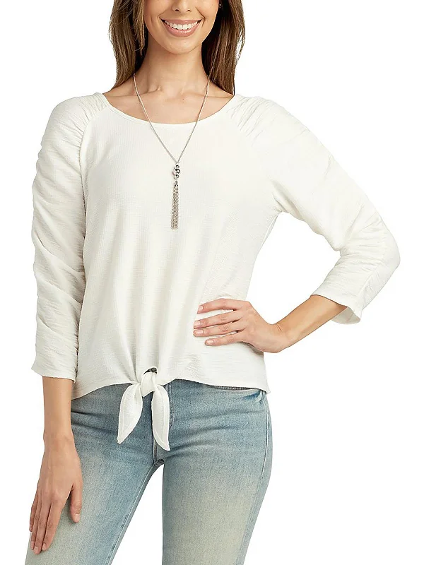 Womens Knot-Front 3/4 Sleeve Pullover Top Sabrina Neck Pullover