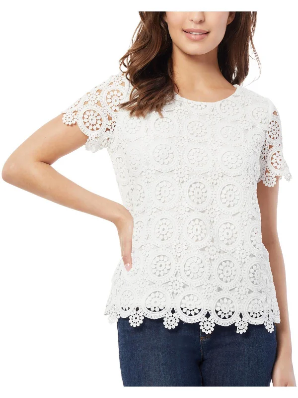 Womens Lace Crewneck Pullover Top Polo Neck Sweater