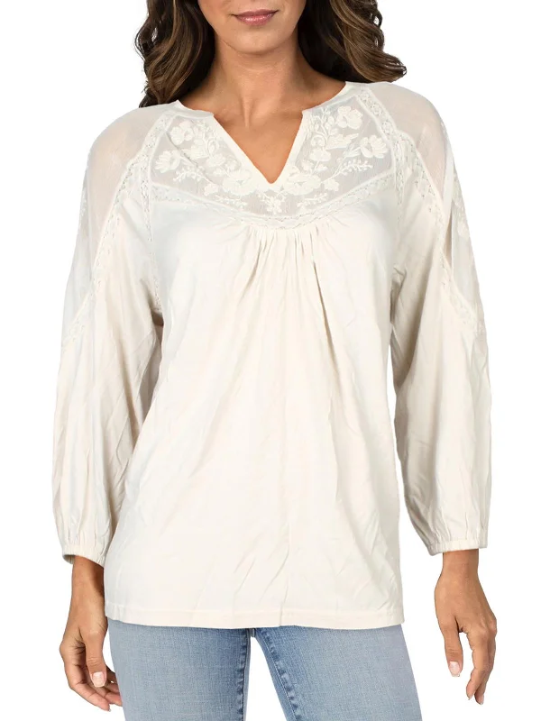 Womens Lace Inset V-Neck Pullover Top Leg Sleeve Comfort
