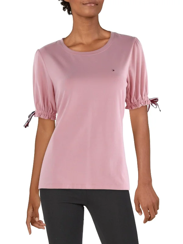 Womens Logo Drawstring-Cuff Pullover Top Plunging Neck Pullover