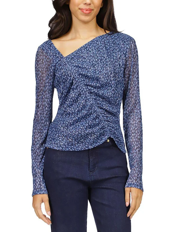 Womens Metallic Ruched Pullover Top Spaghetti Sleeve Top