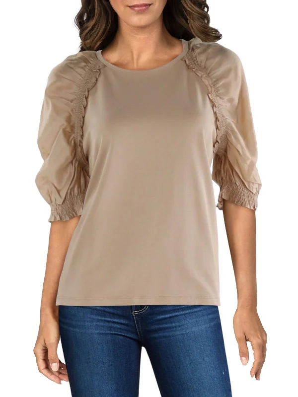 Womens Mixed Media Smocked Pullover Top Long Bell Sleeve