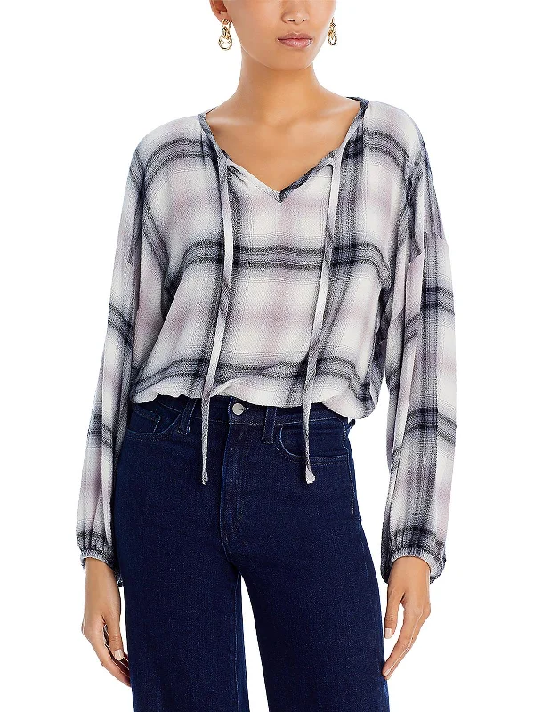 Womens Plaid Tie Neck Pullover Top Deep Neck Pullover