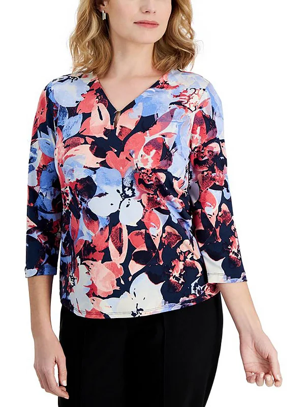 Womens Printed Embellished Pullover Top Wrist Length Sleeve