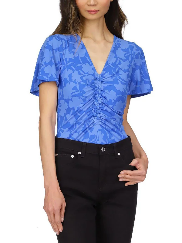 Womens Printed Ruched Pullover Top V-Neck Stylish Pullover