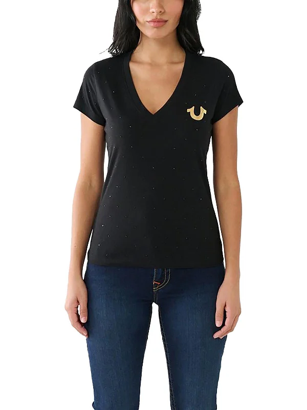 Womens Rhinestone Logo Pullover Top Mock Neck Pullover