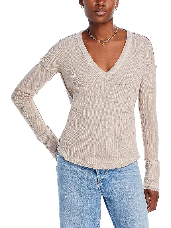 Womens Ribbed V Neck Pullover Top Flare Sleeve Stylish