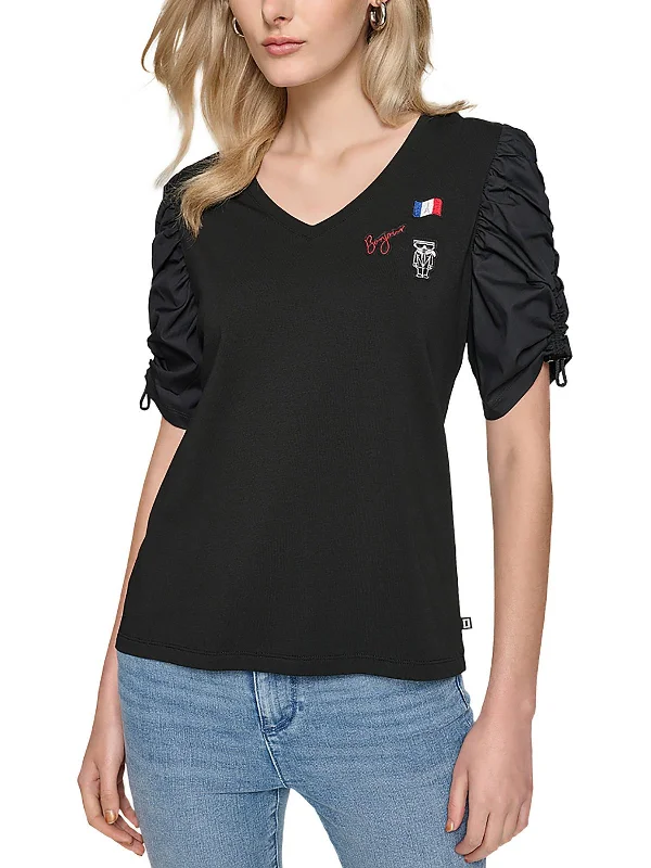 Womens Ruched Sleeves Casual Pullover Top Shawl Collar Sweater
