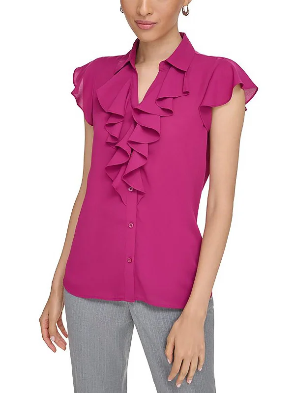 Womens Ruffled Collared Pullover Top Asymmetrical Neck Pullover
