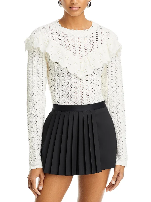 Womens Scalloped Ribbed Trim Pullover Top Set Sleeve Pullover