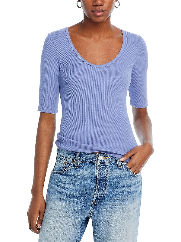 Womens Scoop Neck Ribbed Pullover Top Lantern Sleeve Elegant