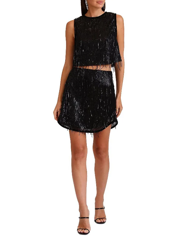 Womens Sequined Tank Pullover Top Blouson Sleeve Pullover