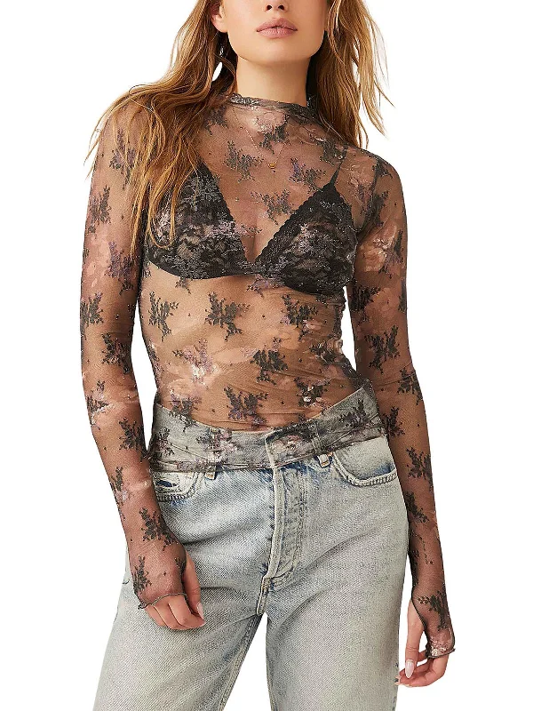 Womens Sheer Floral Pullover Top Bishop Sleeve Elegant