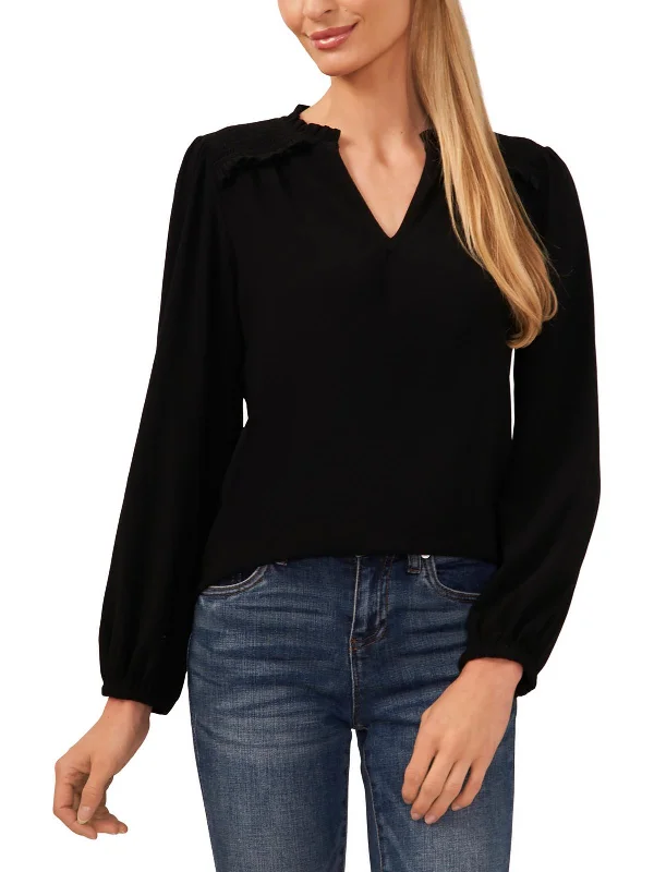 Womens Smocked Long Sleeves Pullover Top Scalloped Neck Pullover