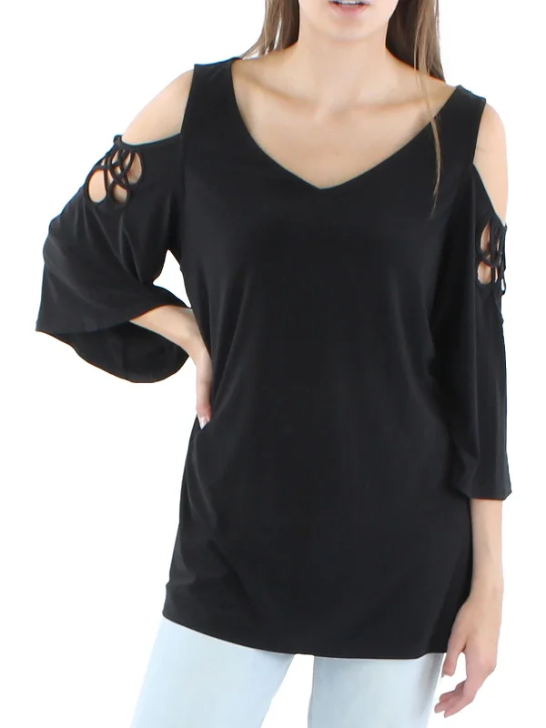 Womens Strappy Flare Pullover Top Cap Sleeve Casual