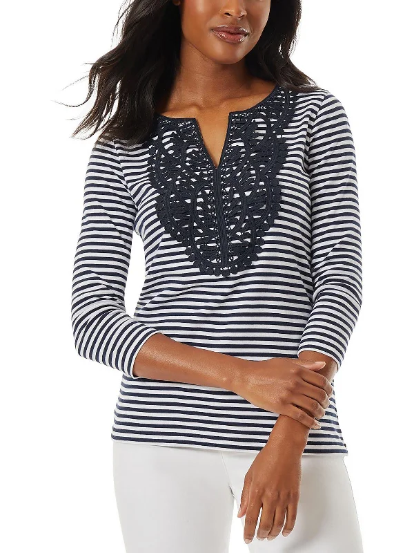 Womens Striped Lace Trim Pullover Top Mock Neck Pullover