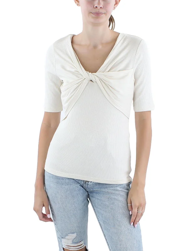 Womens Twist Front Ribbed Pullover Top Cold Shoulder Design
