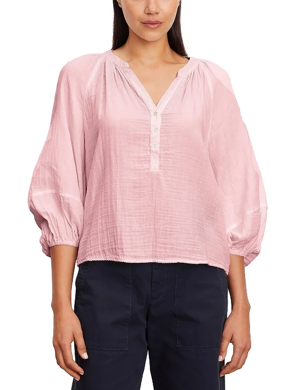 Womens V Neck Button Pullover Top Bell Sleeve Stylish