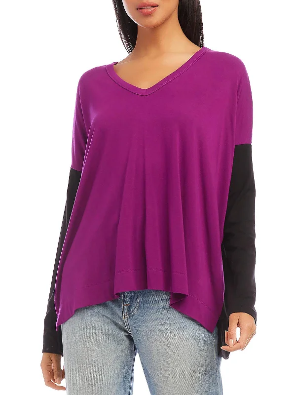 Womens V Neck Long Sleeve Pullover Top Bishop Sleeve Elegant