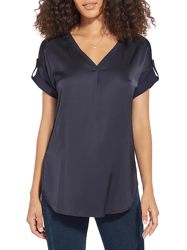 Womens V-Neck Short Sleeves Pullover Top Boxy Neck Sweater