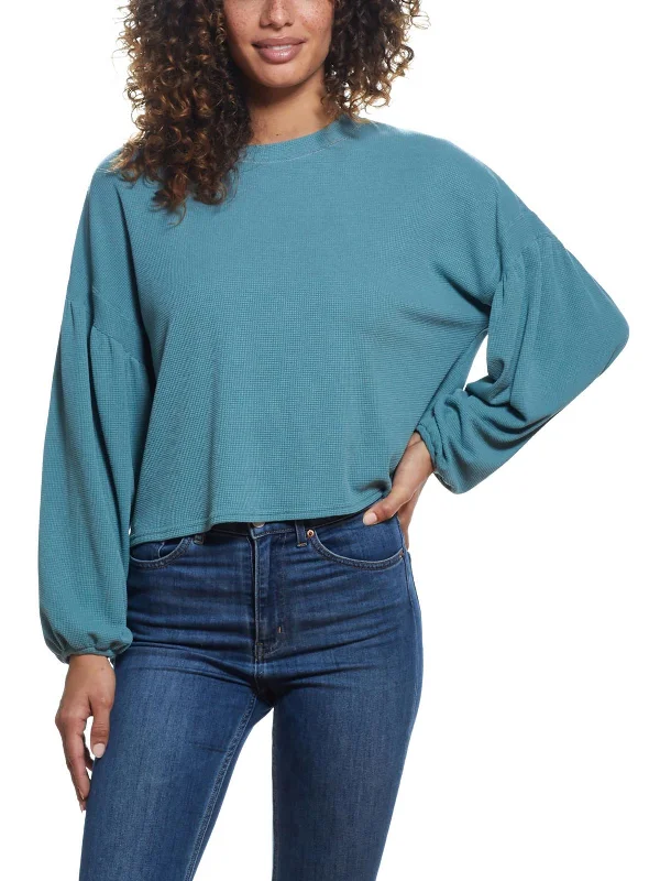 Womens Waffle Crewneck Pullover Top Short Sleeve Top
