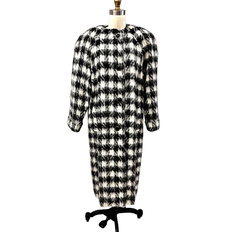 80s VTG Paul Levy Designs Coat Black & White Houndstooth Fuzzy Mohair Womens L