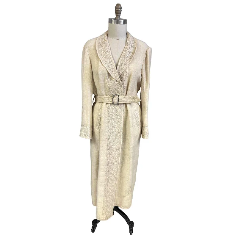 Antique Handwoven Wool Coat Edwardian Cream Embroidered L/XL Womens 1910s