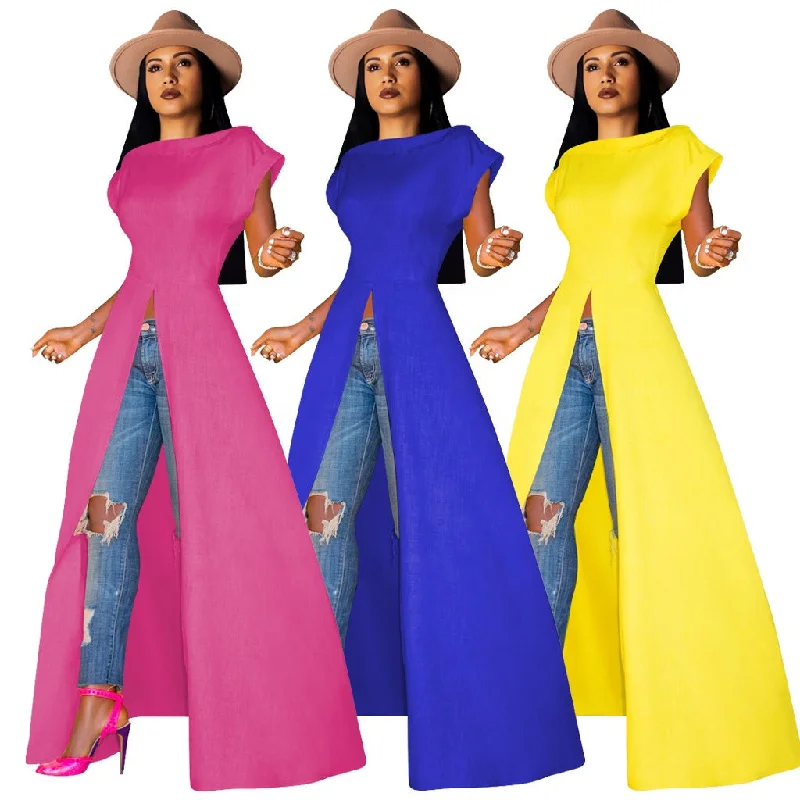 Autumn and winter high collar Short-sleeved round neck long Slit pullover women  coat Blouson Sleeve Pullover