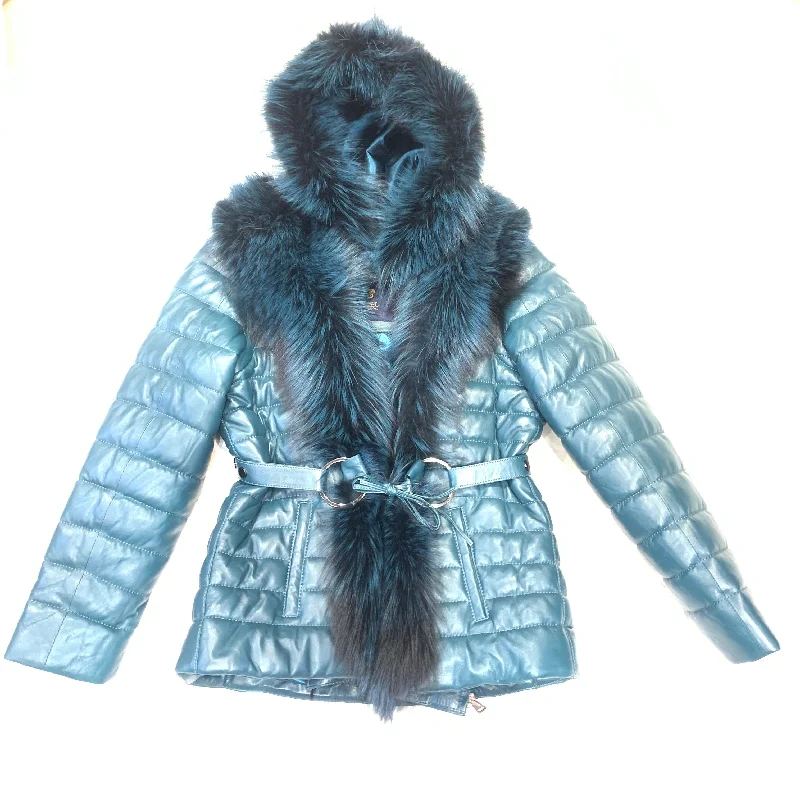 Barya NewYork Women Turquoise Lambskin Fox Fur Coat Luxe Satin Long Coat