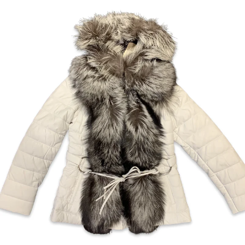 Barya NewYork Womens White Lambskin Fox Fur Coat Belted Crossover Blazer