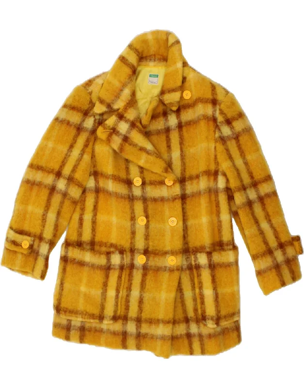 BENETTON Womens Double Breasted Coat UK 10 Small Yellow Check Padded Ski Jacket