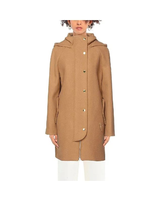 Love Moschino  Women's Hooded Double-Breasted Wool Coat   Camel Wool Coat   Asymmetrical Wool Coat  Women's  Hooded Coat  Double-Breasted Wool Coat by