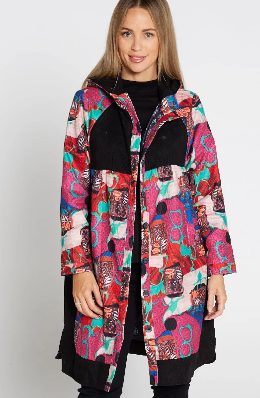 Bicheno Corduroy Coat - Pink Abstract Zipper Front Biker Jacket