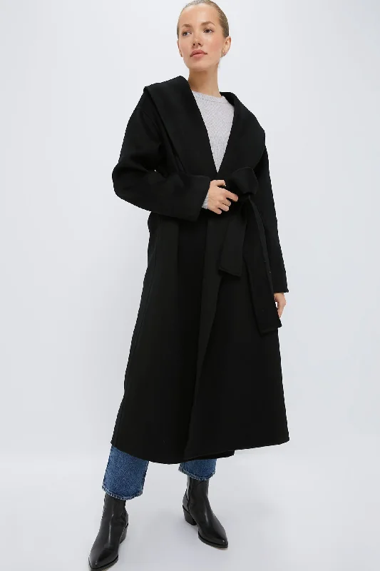 Black Cashmere Wrap Coat Adjustable Waist Parka