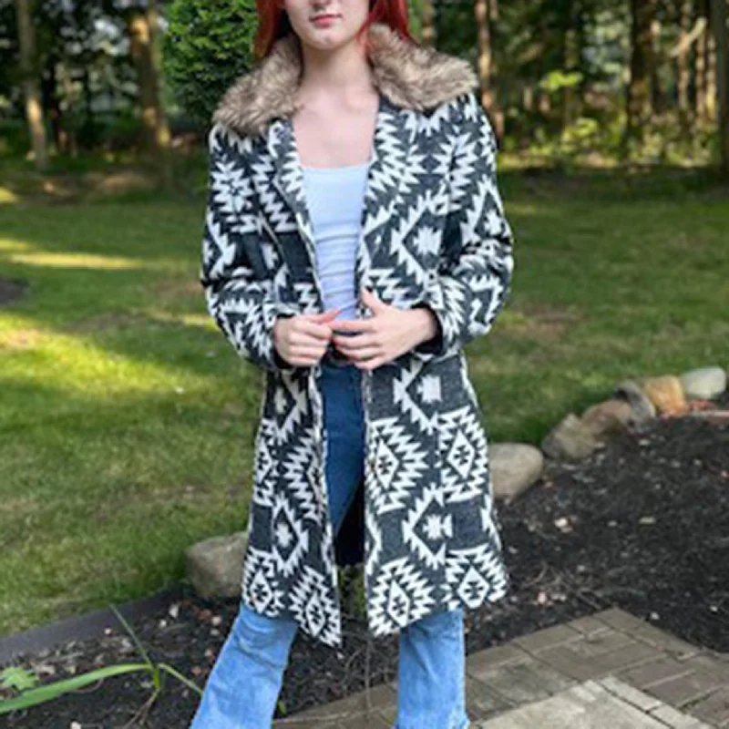 MontanaCo Women's Aztec Fur Collar Long Coat Modern Asymmetric Coat