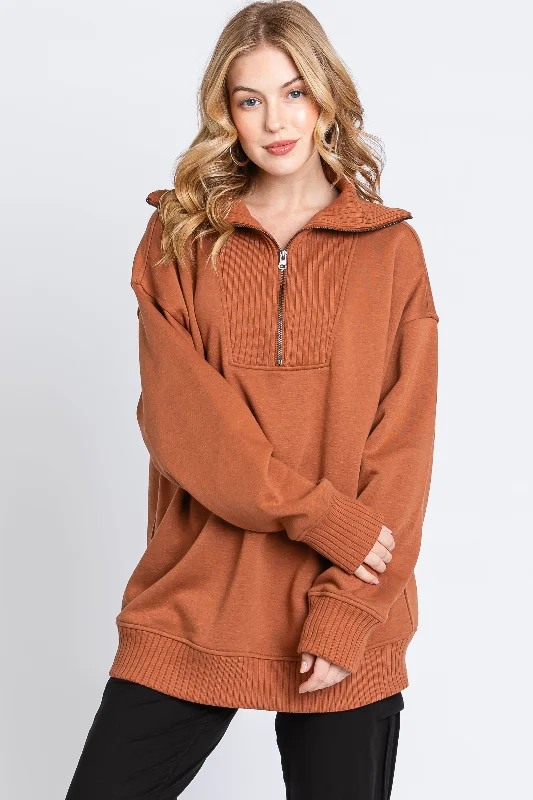 Camel High-Neck Fleece Pullover Scalloped Neck Pullover