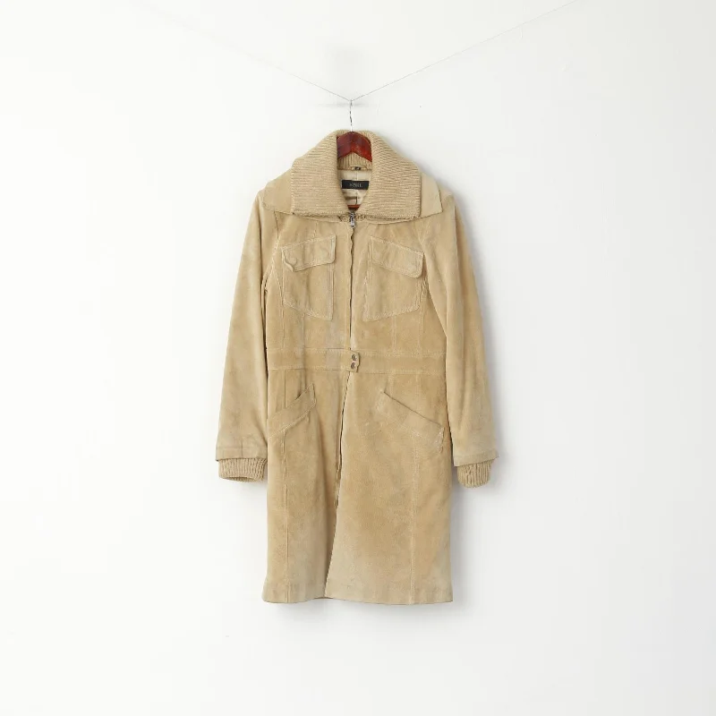 SAKI Women 38 S Coat Beige Suede Leather Full Zipper Casual Vintage Stand Up Collar Top Fuzzy Sherpa Pullover SAKI Women 38 S Coat Beige Suede Leather Full Zipper Casual Vintage Stand Up Collar Top Fuzzy Sherpa Pullover