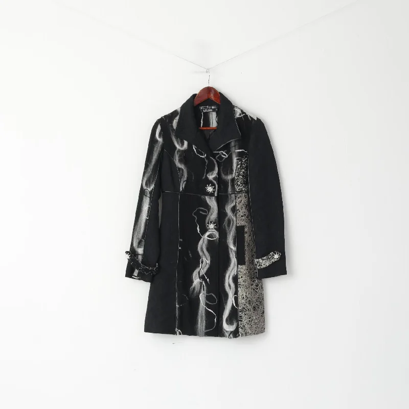 LOLINE Women S Coat Black Dacron Elegant Snaps Single Breasted Patchwork Top Long Hooded Anorak