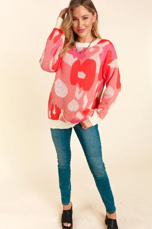 Plus Blush Coral Floral Abstract Soft Pullover Sweater Top