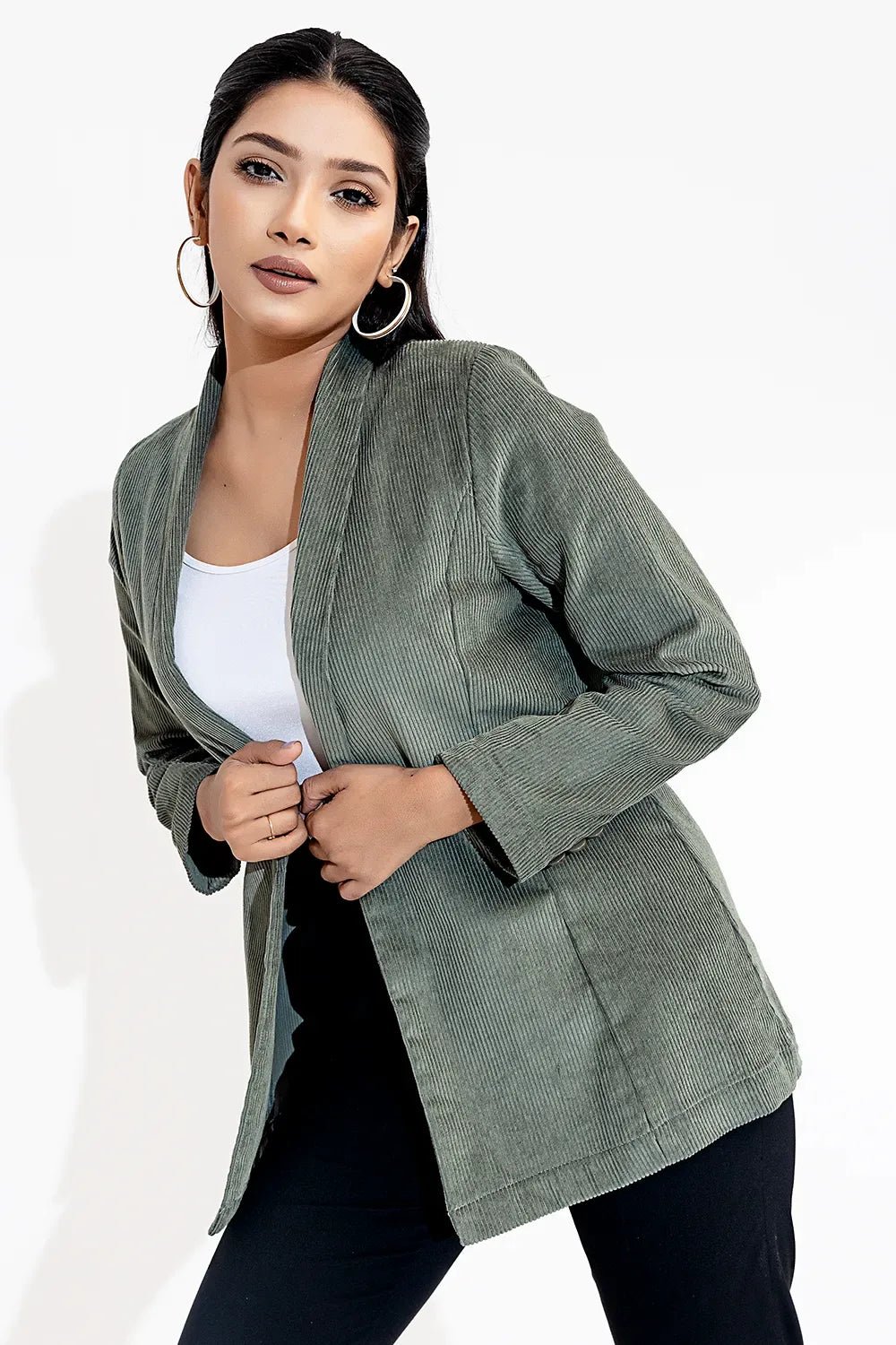 Corduroy Semi-Formal Coat Vegan Leather Trench