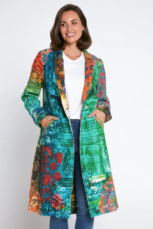 Digital Print Long Cotton Coat - Marrakesh Mirage Puff Sleeve Overcoat