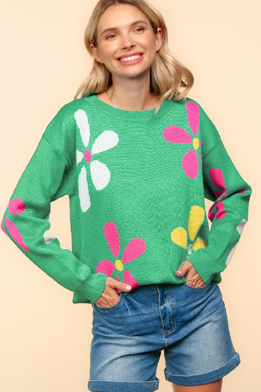 FLOWER PATTERN OVERSIZED PULLOVER SWEATER TOP